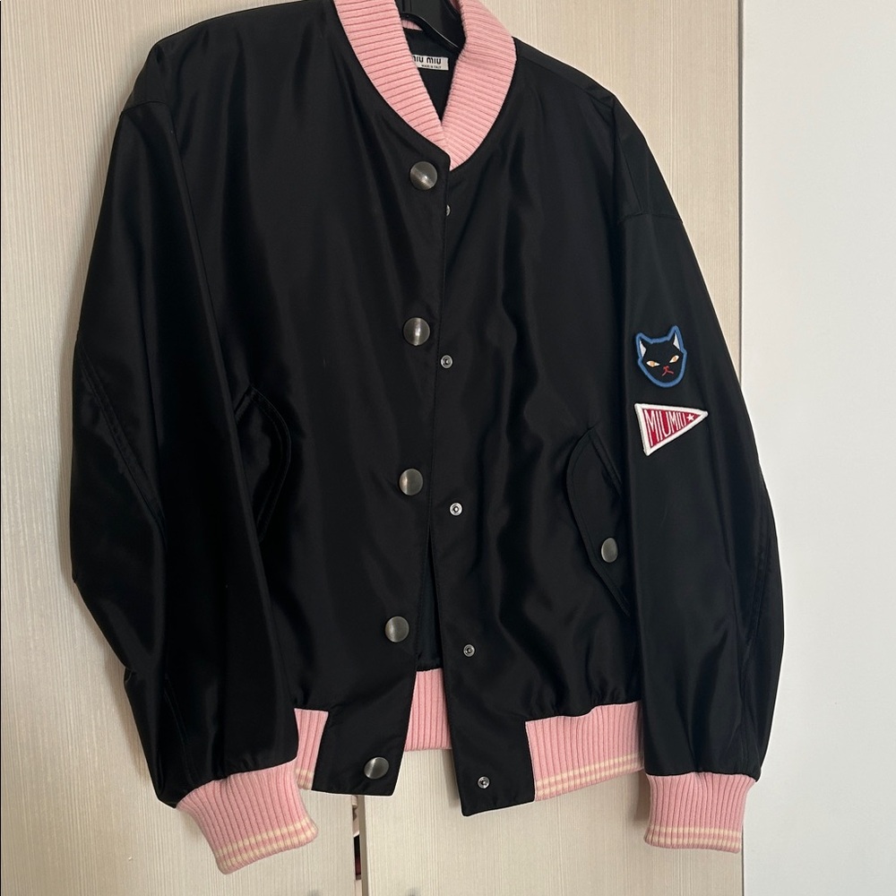 MIU MIU Black Bomber Jacket with Pink Trim and Cat Patch